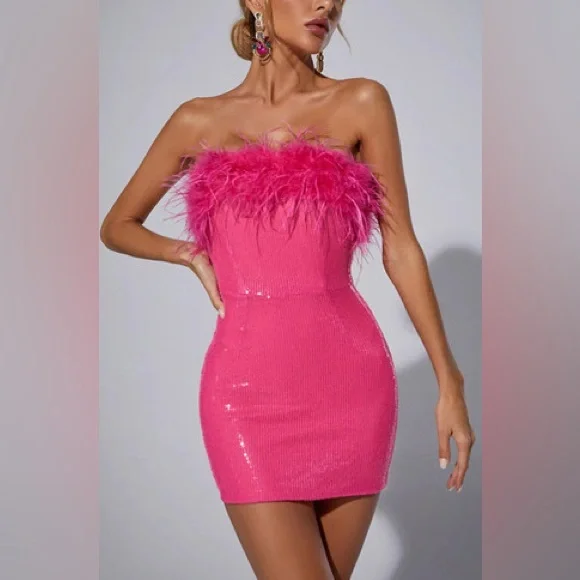 perry adict | Dresses | Pery Addict Pink Feather Sequin Fringe Dress |  Poshmark